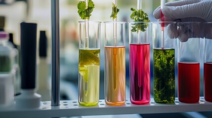 Colorful test tubes with plant samples in a laboratory setting, showcasing scientific experimentation and natural chemistry.