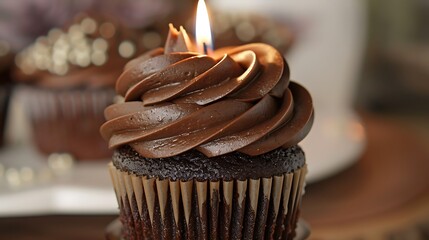 Canvas Print - A close-up of a chocolate cupcake with smooth frosting and a single candle burning softly on top.