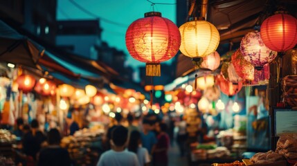 Aufkleber - A bustling Asian street market with street food vendors and colorful lanterns, representing vibrant street culture and culinary delights, Street market scene