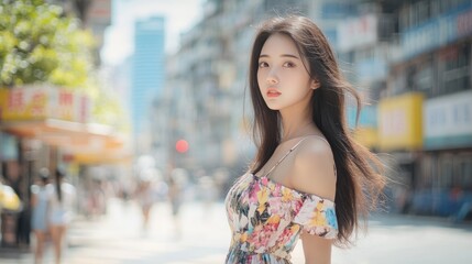 Beautiful young model looking Asian woman walking in the street of a big city on a summer day. Urban lifestyle concept