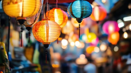 Aufkleber - A bustling Asian street market with street food vendors and colorful lanterns, representing vibrant street culture and culinary delights, Street market scene