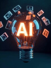 Poster - AI Lightbulb with Floating Digital Photos Concept