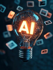 Poster - AI Lightbulb with Floating Digital Photos Concept