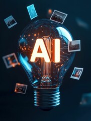 Poster - AI Lightbulb with Floating Digital Photos Concept