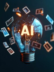 Poster - AI Lightbulb with Floating Digital Photos Concept