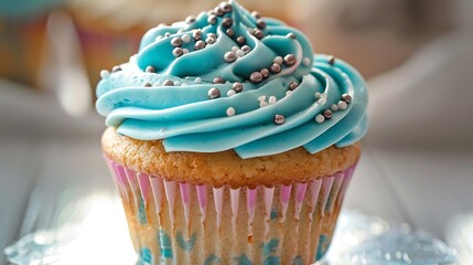 Canvas Print - A close-up shot of a beautifully frosted birthday cupcake, artfully placed on a light background, highlighting its deliciousness.