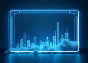 Poster - Floating digital border frame showcases growth data and cloud computing expertise with ample copy space for modern tech content designs.