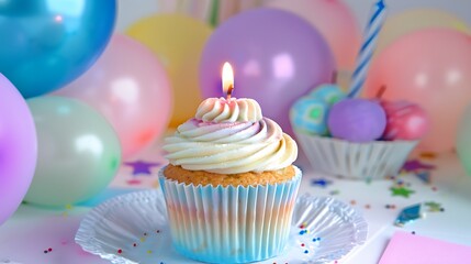 Canvas Print - A colorful birthday cupcake with one lit candle and a background of pastel balloons and party decorations.