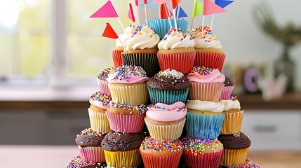 Canvas Print - A cupcake tower filled with different flavors and vibrant colors, each topped with sprinkles and miniature birthday flags.