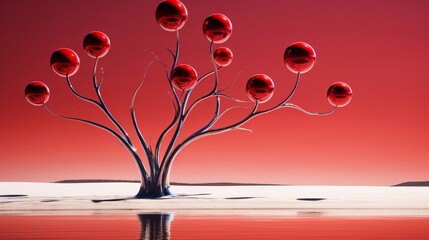 Poster - Minimalist display of shiny red baubles and silver tree, highlighting light and shadow effects