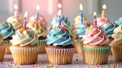 Canvas Print - A delightful array of birthday cupcakes on a table, each uniquely decorated, set against a soft, light background.