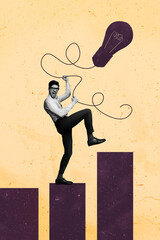 Poster - Vertical collage picture young businessman leadership achieve goal success idea plan lamp lightbulb invention strategy plan