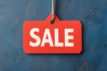 Red sale tag on a textured blue background, eye-catching promotional signage.