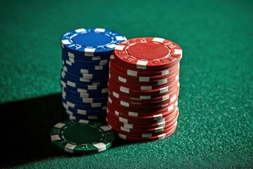 Stacks of colorful casino chips rise high on a green felt table, inviting players to engage in exciting games of chance and strategy. Generative AI