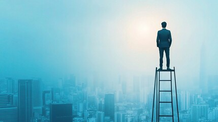 Poster - Entrepreneur on Ladder Reaching for Bright Future