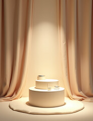 Aufkleber - Luxury minimalistic display showcases silk curtain over beige background for beauty product presentation stand advertisement.