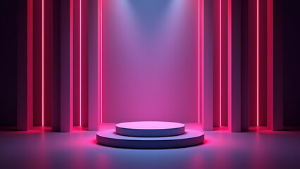 Poster - Luxury sale features modern stage with 3D design diamond podium under neon lights and premium award background.