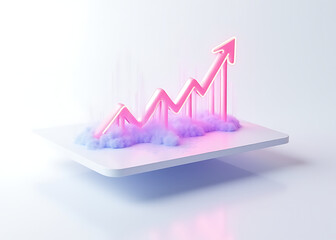 Poster - Minimalist 3D floating tech icon features glowing data streams and growth patterns on isolated white background with ample copy space available.