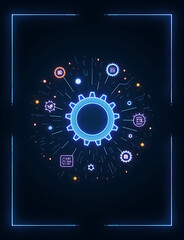 Poster - Minimalist border frames glowing AI gear surrounded by floating growth icons perfect for tech business content visuals.