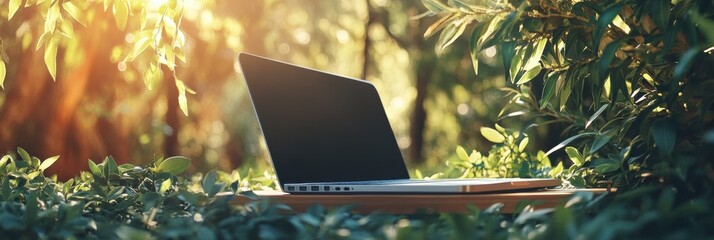 The laptop rests on a wooden surface, surrounded by vibrant green plants and bathed in soft afternoon light. Generative AI