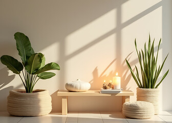 Poster - Minimalist display features calming plants and soft lighting in a peaceful setting for a serene ambiance.