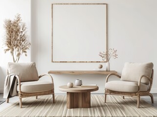 Minimalistic and stylish living room interior with two armchairs and a coffee table. Boho style furniture and decor create a cozy and inviting atmosphere.