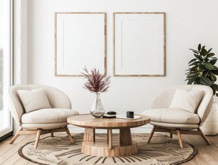 Minimalist Scandinavian style living room interior design with two armchairs, a coffee table, and two empty picture frames for your artwork. 3D rendering.