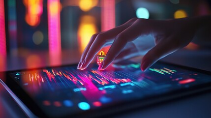 Poster - Female Hand Using Tablet with Holographic Padlock