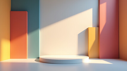 Aufkleber - Modern minimalist stage features colorful geometric design and a blank podium surrounded by ample empty space.