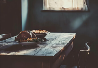 A rustic table setting with two plates of food, creating a warm, inviting atmosphere. Thanksgiving background images and wallpaper.