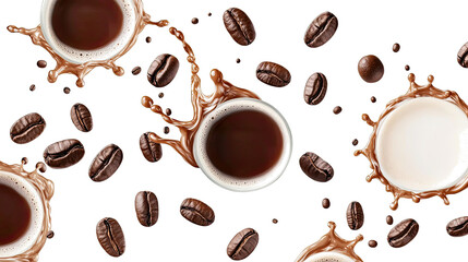 Poster - Swirling Coffee and Milk Splashes With Falling Coffee Beans on White Generative AI