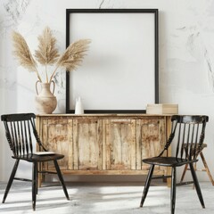 Stylish interior with vintage wooden cabinet, black chairs and decor. Blank frame mockup on white wall. .