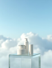 Poster - Natural cosmetics showcased on an empty glass podium against a cloudy blue sky background.