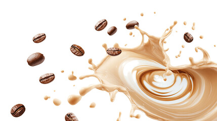 Poster - splashes of brown coffee and milk with falling coffee beans generative ai