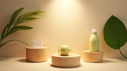 Aufkleber - Natural leaf lighting used on minimalist food photography with beige backdrop and wooden pedestal for product display purposes.