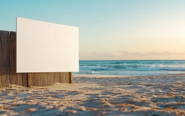 Wall Mural - a blank white billboard stands on the beach, with waves gently lapping at the shore under a clear sk
