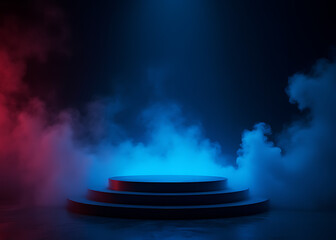 Poster - Neon blue light emanates from a circular podium against a black background surrounded by red and blue smoke.