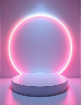Neon lights surround a sleek white round podium in a modern interior setting for precise visual rendering.