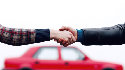 Handshake symbolizing agreement or partnership. Close-up of two people shaking hands, representing a deal, partnership, or agreement, with a red car blurred in the background for added context