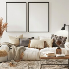 Modern living room interior with two empty picture frames mockup on the wall, 3D rendering of cozy living room with beige sofa, coffee table and decor.