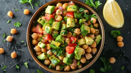 Chickpea and avocado salad with lemon dressing on a dark textured table, flat lay