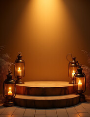 Poster - Raw wood podium set amidst vintage lanterns under warm brown backdrop with copper accents glowing in soft golden sunset light.