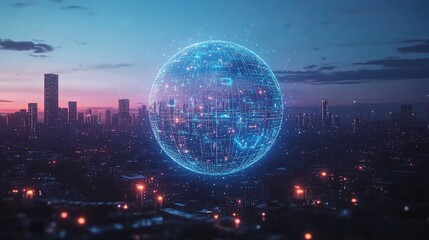 Poster - Digital Hologram Globe Over Cityscape at Dusk