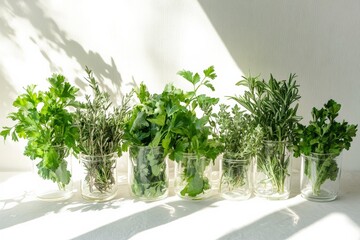 A collection of fresh herbs in transparent glass jars is displayed against a bright wall, creating a simple yet eye-catching natural culinary arrangement indoors.