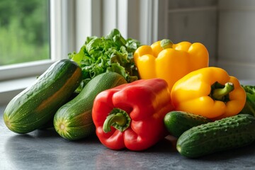 Poster - A collection of colorful vegetables, including cucumbers and bell peppers, artfully arranged by a sunlit window, exuding a sense of freshness and culinary inspiration.