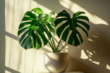Poster - The sun bathes a Monstera plant, highlighting its large, perforated leaves, and creating a dynamic play of light and shadow, bringing organic charm to any space.