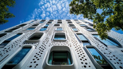 Poster - Modern building facade with circular cutouts and windows reflecting blue sky.