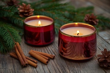 Two elegant candles with a gold and red tint elegantly burn amidst pine greenery and cinnamon sticks on rustic wooden background for a festive touch.