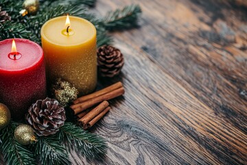 Poster - A red and a gold candle lit amidst pinecones and evergreen branches on a wooden table, exuding warmth, elegance, and a festive winter atmosphere.