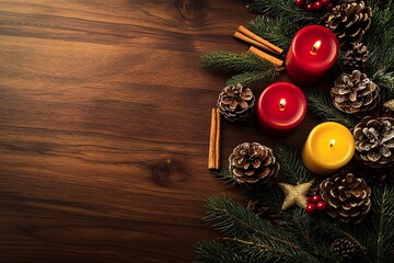 Poster - A rustic setting featuring red and gold candles, pinecones, and evergreen branches, capturing the essence of holiday warmth and natural beauty on wood.